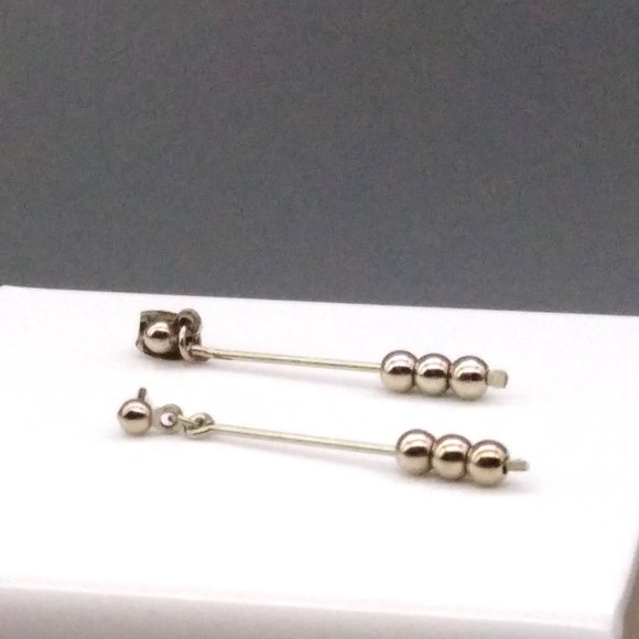 Minimalist Dangle Bar Earrings, Vintage Silver Tone Beaded Drop Studs - Picture 4 of 4